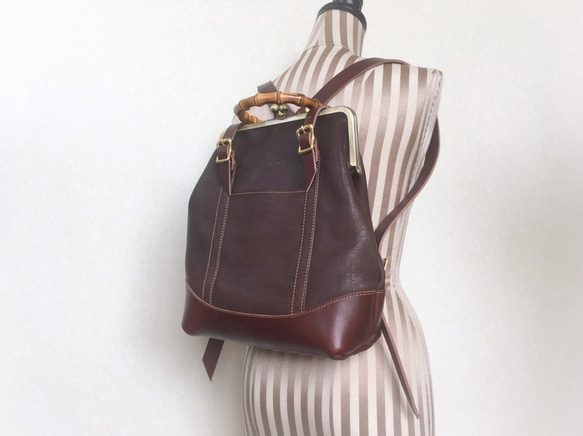 [定制（交貨時間約 1 個半月）] Tochigi Leather Gamaguchi Nume 皮革帆布背包“ruotare- 第6張的照片