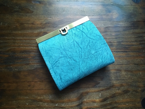 [訂製（交貨時間約 1.5 個月）] 雙折錢包“avanico-harf”冷凍藍色 x 綠松石色 第1張的照片