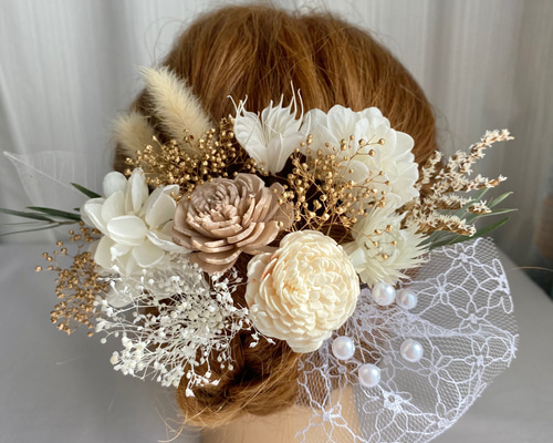 ヘッドパーツ•髪飾り〜ドライフラワー　前撮りなどに♡ ドライフラワー髪飾り プリザーブドフラワー チュール ヘッドドレス