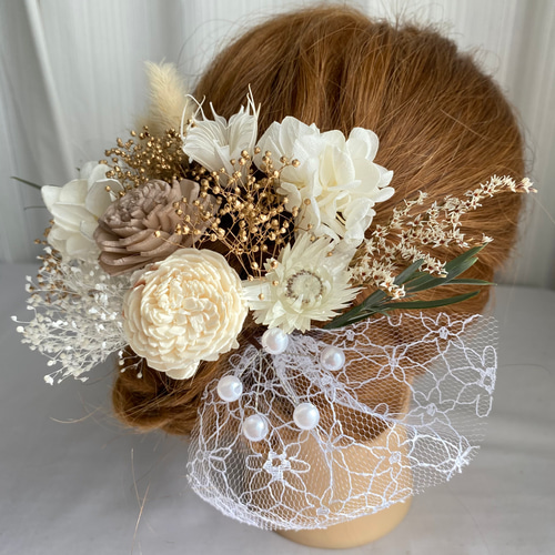 【期間限定】花束 プリザーブドフラワー 髪飾り付き ブーケ 前撮り ヘアードレス ドライフラワー髪飾り プリザーブドフラワー チュール ヘッドドレス
