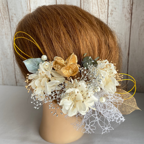 ドライフラワー髪飾り プリザーブドフラワー 水引 チュール ヘッド