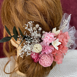 再再販　チュール　プリザーブドフラワー　ドライフラワー髪飾りピンクヘッドドレス 2枚目の画像