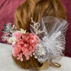 再再販　チュール　プリザーブドフラワー　ドライフラワー髪飾りピンクヘッドドレス 3枚目の画像