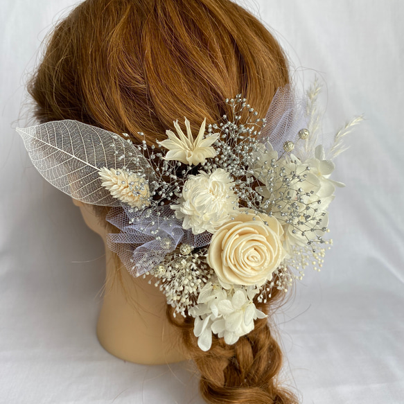 ドライフラワー髪飾り　プリザーブドフラワー　チュールヘッドドレス　結婚式　前撮り　 2枚目の画像