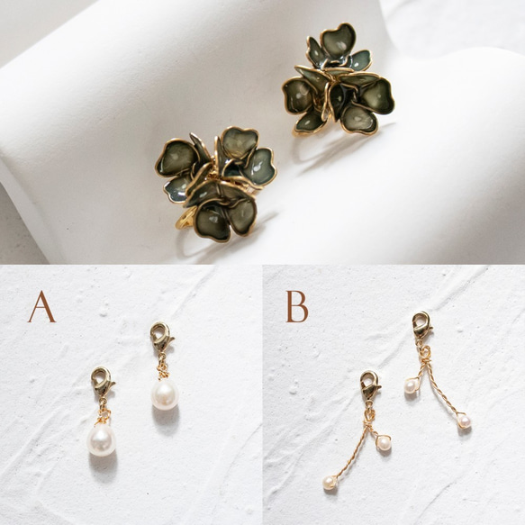 ＜BLACKISH GREEN＞ LUCKY CLOVER｜Pearl Earrings 2枚目の画像