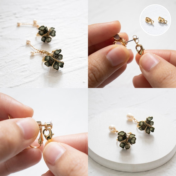 ＜BLACKISH GREEN＞ LUCKY CLOVER｜Pearl Earrings 10枚目の画像