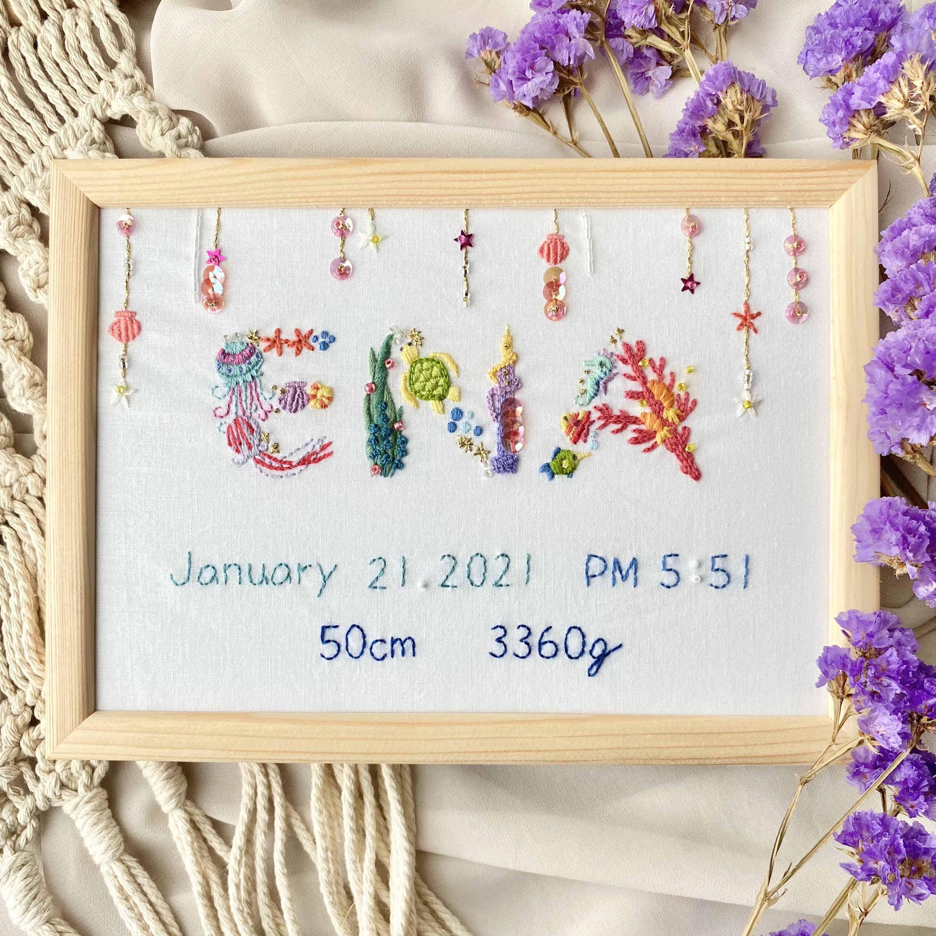 命名書　刺繍　A5サイズ　受注製作　ネームボード　ベビーボード　バースボード