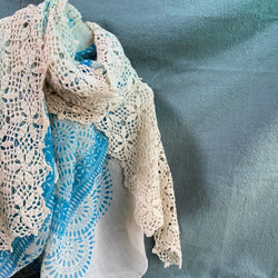 モザイクタイルの様なフレンチリネン·モチーフ編みストール/スカーフ(マルチカラー·オーキド) 7枚目の画像