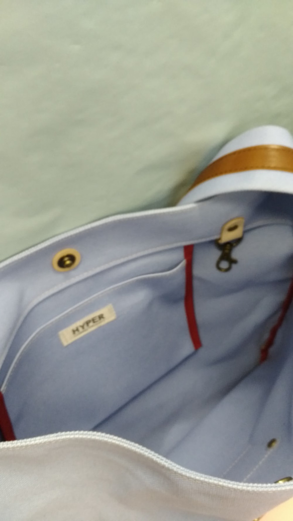 送料無料　倉敷帆布サックスと本革ブラウン　オリジナルガマ口ポケット付き斜めがけショルダー 3枚目の画像