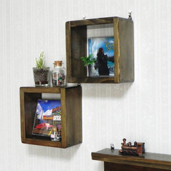 木製 壁掛け ボックス シェルフ 2個（ライト ウォルナット） 1枚目の画像