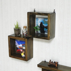 木製 壁掛け ボックス シェルフ 2個（ライト ウォルナット） 4枚目の画像