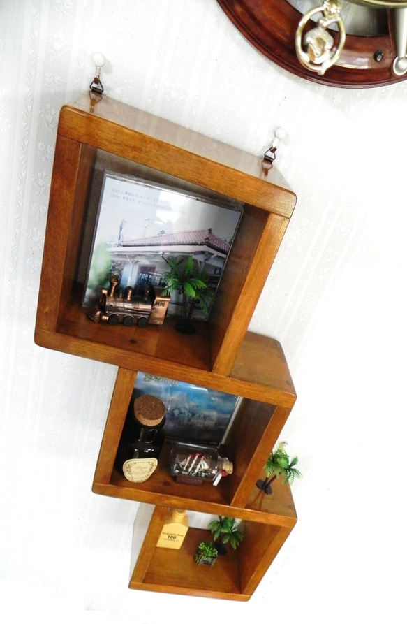 木製 壁掛け 3段ボックス シェルフ （オーク） 5枚目の画像