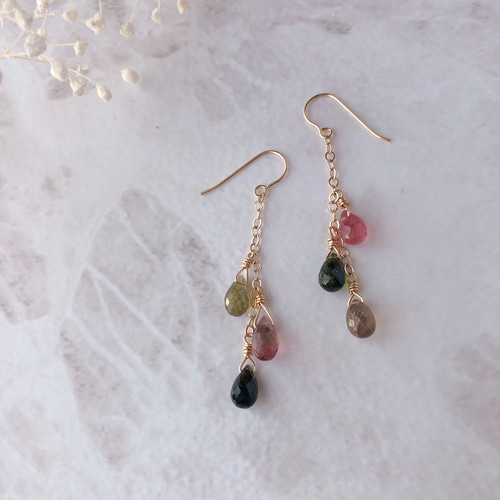 tama◆大粒マルチカラートルマリン3連ピアス✧14kgf 14kgf☆マルチカラートルマリン3連ピアス ピアス（フック・チェーン