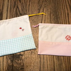 お弁当袋　巾着袋　トラベル　ピンク　水玉　刺繍用 6枚目の画像