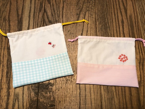 お弁当袋　巾着袋　トラベル　ピンク　水玉　刺繍用 6枚目の画像