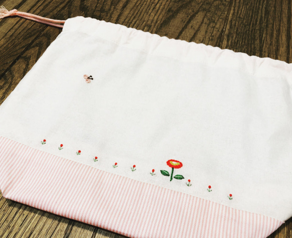 お弁当袋　巾着袋　トラベル　ピンク　水玉　刺繍用 5枚目の画像