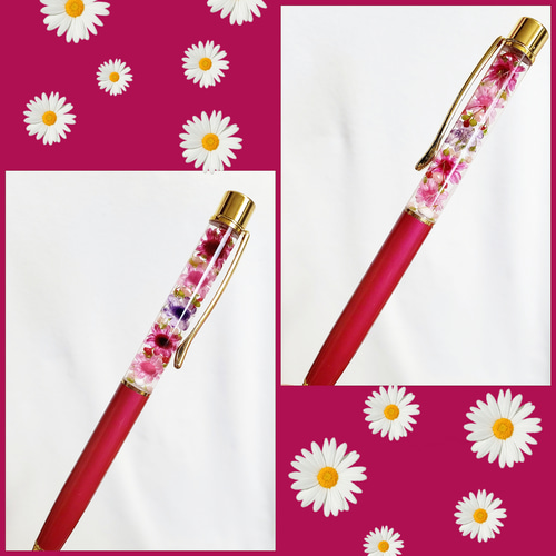 ✿送料無料✿ハーバリウムボールペン 花たっぷり✿ローズ色 赤みピンク
