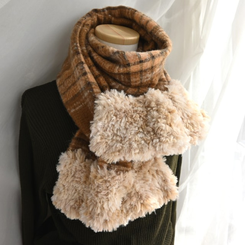 ふんわりシャギー×ふわとろファーの大人チェック柄＊異素材マフラー