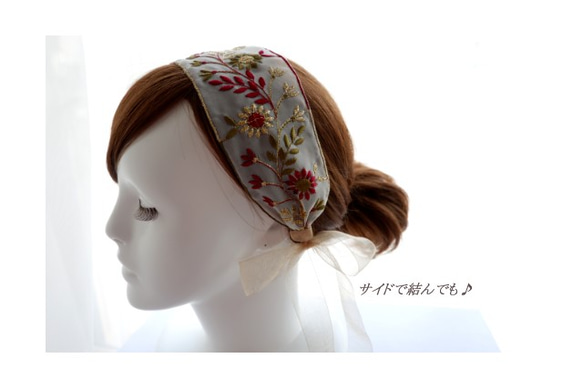 【残り1点】《結ぶタイプ》フランスリボン＊花刺繍ヘアバンド＊白×赤 6枚目の画像