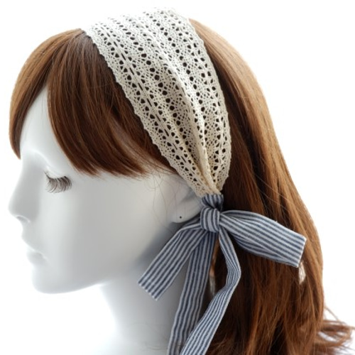 結ぶタイプ》ナチュラルレースとストライプリボンの異素材ヘアバンド