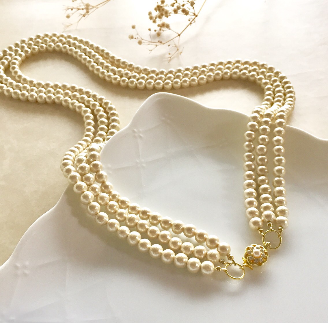 スーパーボリュームネックレス（コットンパール）3連 〜Anastasia〜