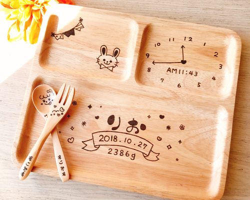 出産祝い 名前入りスクエア型仕切りプレート＆スプーンフォークセット