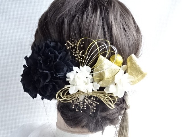 T２－ｙ　水引　水引き　水引アレンジ　リボン　りぼん　紐アレンジ　黒　和装髪飾り　成人式　卒業式　結婚式　着物　振袖　袴
