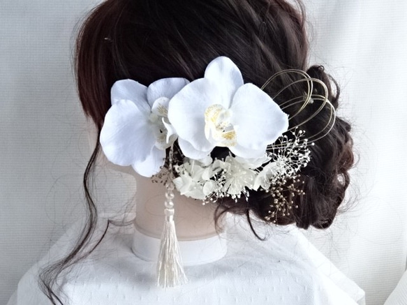 胡蝶蘭の髪飾り 成人式 卒業式 結婚式 白無垢 パールタッセル
