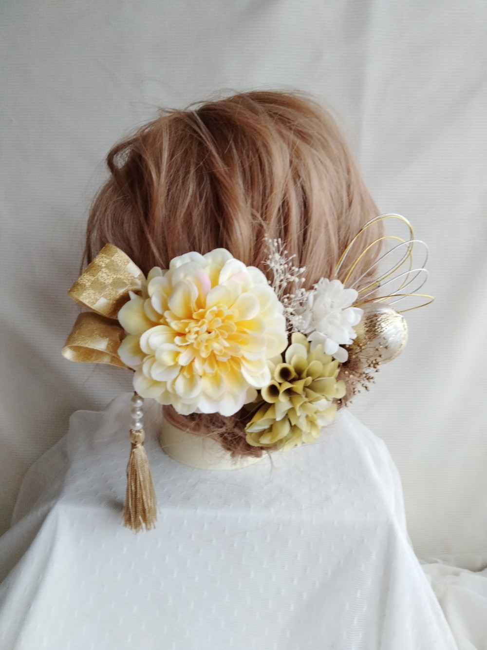 ドライフラワー　和玉　水引　成人式髪飾り　和装髪飾り　成人式　卒業式　結婚式　色打掛　振袖　袴　イエロー　タッセル　前撮