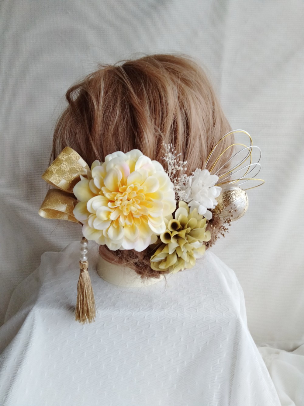 ドライフラワー　和玉　水引　成人式髪飾り　和装髪飾り　成人式　卒業式　結婚式　色打掛　振袖　袴　イエロー　タッセル　前撮
