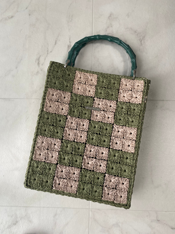 花編みのバッグ(Flower .長方形)/ヘンプヤーン、ラメルヘンテープ 