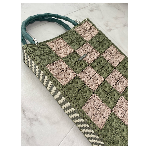 花編みのバッグ(Flower .長方形)/ヘンプヤーン、ラメルヘンテープ 