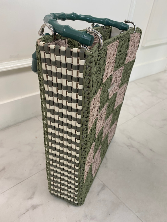 花編みのバッグ(Flower .長方形)/ヘンプヤーン、ラメルヘンテープ 