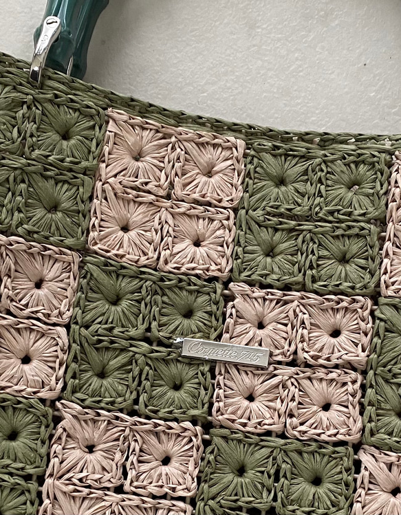 花編みのバッグ(Flower .長方形)/ヘンプヤーン、ラメルヘンテープ 