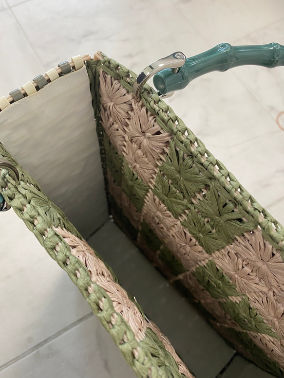 花編みのバッグ(Flower .長方形)/ヘンプヤーン、ラメルヘンテープ 