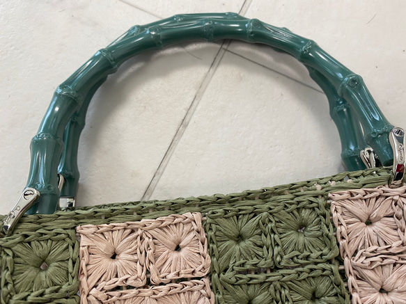 花編みのバッグ(Flower .長方形)/ヘンプヤーン、ラメルヘンテープ 