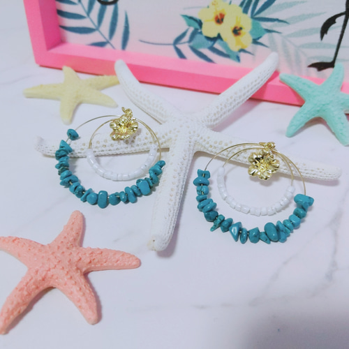 ☆再販☆ターコイズ＆シェルピアス 大ぶり、2連フープピアス ピアス 