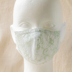 SALE!華！【L】フラワーレースマスク　淡緑　耳にやさしい＆抗菌〈竹綿ガーゼ〉 2枚目の画像