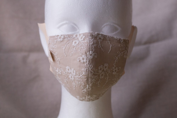 オーダー分◆夏用 耳が痛くならないクール＆ドライ抗菌防臭素材コットンローンフラワーレース立体マスク 2枚目の画像