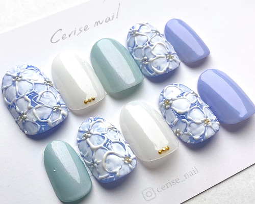 ネイリストが作成☆手書き/レース風/ブルー/パステル/花柄/マット/上品  