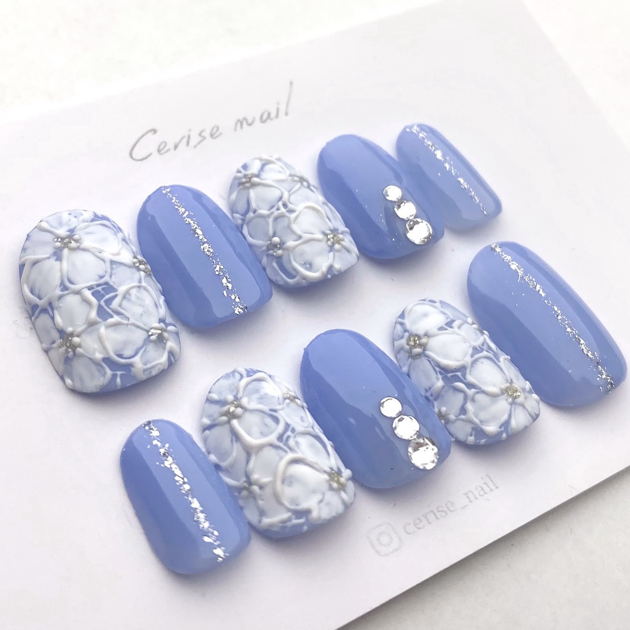 〈No.011 お花ネイル〉押し花/青/シンプルネイル/春ネイル/レースネイル/アートネイル/レース風/ブルー/スワロ        Ω