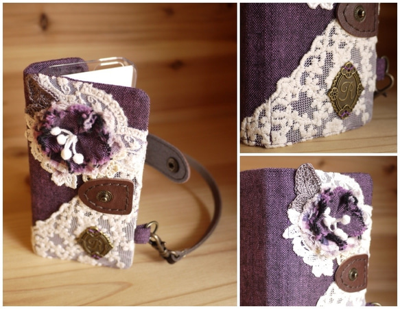 手帳型iPhone5ケース Purple linen flower 2枚目の画像