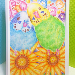 ｜鳥主人手繪｜ 虎皮鸚鵡與夜晚綻放的向日葵 鸚鵡 色鉛筆 寵物 鳥 手繪 居家裝飾 第1張的照片