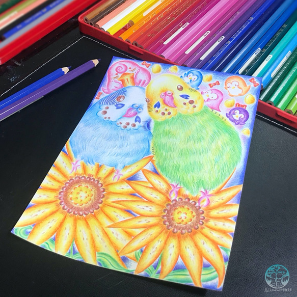 ｜鳥主人手繪｜ 虎皮鸚鵡與夜晚綻放的向日葵 鸚鵡 色鉛筆 寵物 鳥 手繪 居家裝飾 第2張的照片