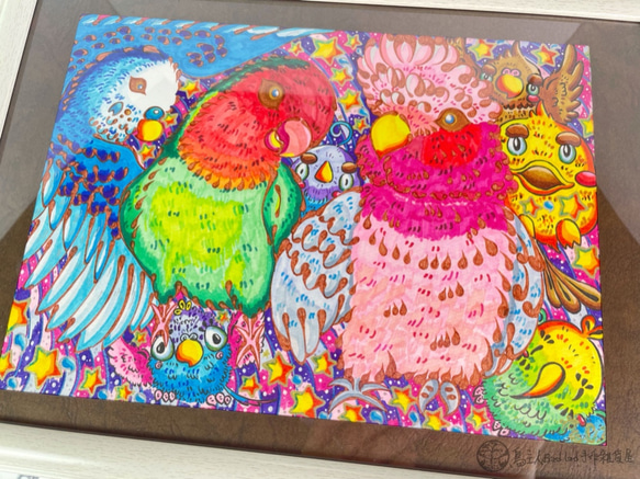 ｜鳥の飼い主による手描き｜ステージ上の華麗なオウム｜ギフトボックス｜ラブバード ピンク バダン セキセイインコ オウム カラー鉛 4枚目の画像