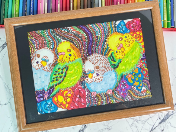 ｜鳥主人手繪｜虎皮鸚鵡大家族｜ 虎皮鸚鵡 鸚鵡 色鉛筆 寵物 鳥 手繪 居家裝飾 第1張的照片