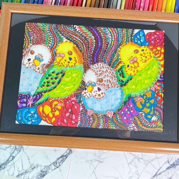 ｜鳥主人手繪｜虎皮鸚鵡大家族｜ 虎皮鸚鵡 鸚鵡 色鉛筆 寵物 鳥 手繪 居家裝飾 第2張的照片