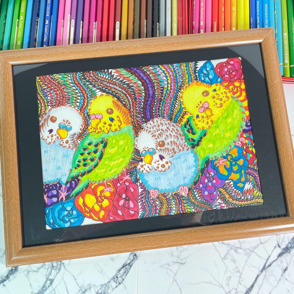 ｜鳥主人手繪｜虎皮鸚鵡大家族｜ 虎皮鸚鵡 鸚鵡 色鉛筆 寵物 鳥 手繪 居家裝飾 第3張的照片
