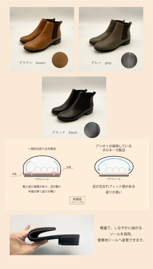 【アシオト】神戸の靴職人が作った♪超軽量・純国産レザーサイドゴアブーツモデルサイズ26.0cmまで対応商(A90730) 3枚目の画像