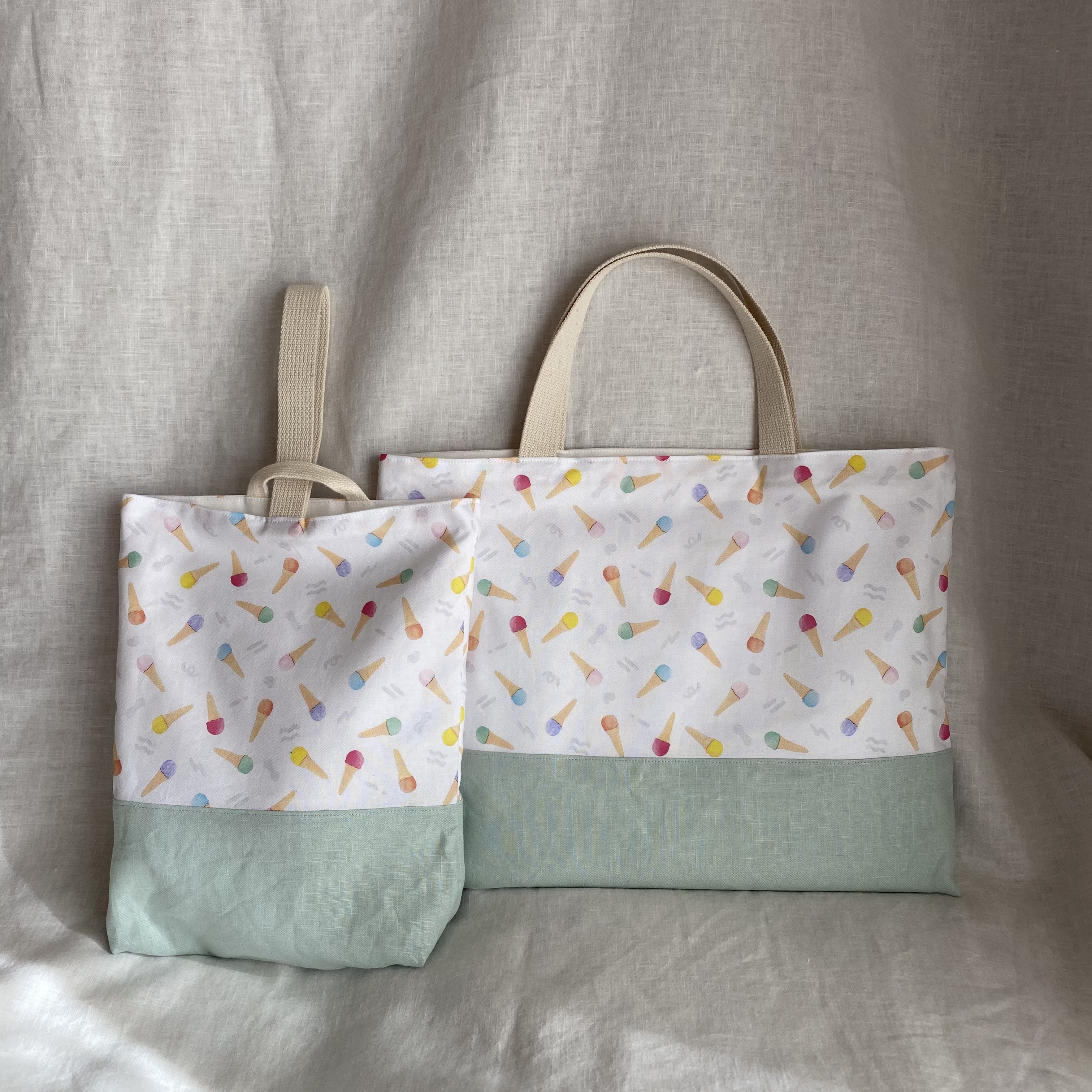入園入学2点セット○△□サイズオーダーレッスンバッグ&くつ袋・アイスクリーム柄×ミントカラー○△□女の子